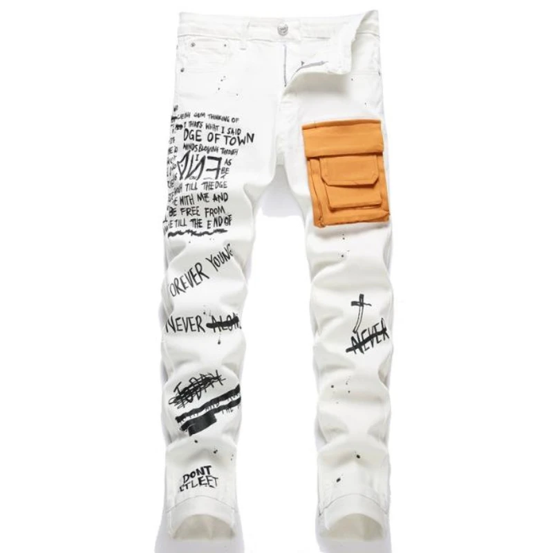 

Джинсы мужские Стрейчевые с множеством карманов, модные облегающие штаны с надписями, белые