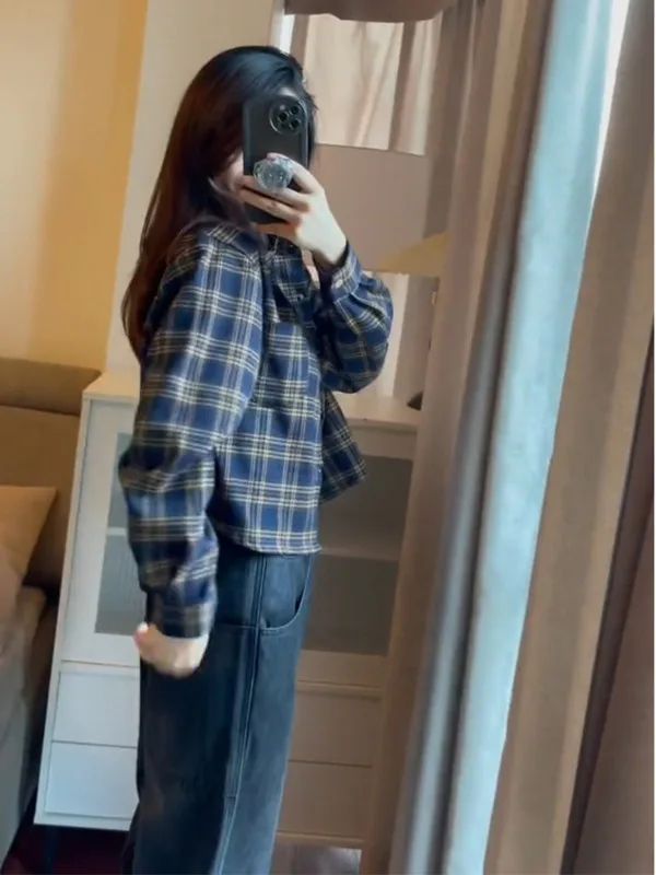 Рубашка в клетку стиле ретро модная женская короткая куртка на весну и осень