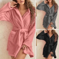 women night gown solid color with hat long sleeve above knee comfortable plush thick cardigan hooded women sleeping gown for hom