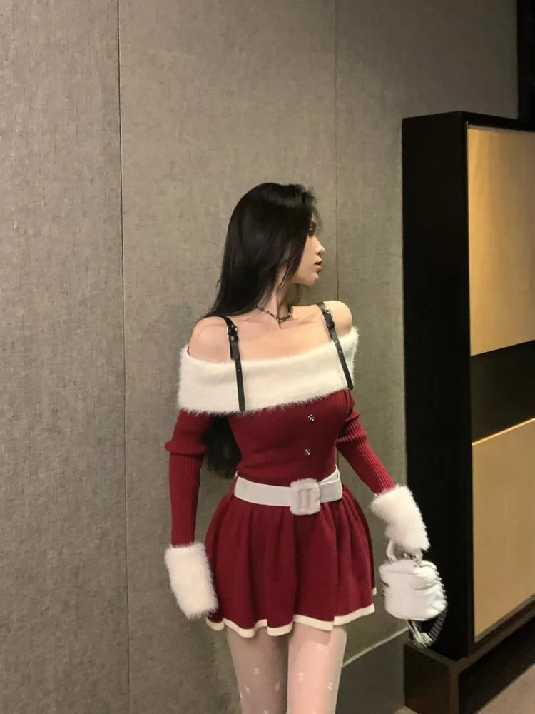 Korejepo одно слово плечо волосатое платье с длинными рукавами женская зимняя тонкая