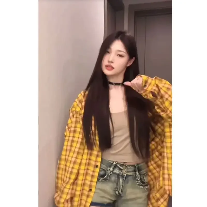 Осень 2024 новая желтая клетчатая рубашка с длинным рукавом американский стиль