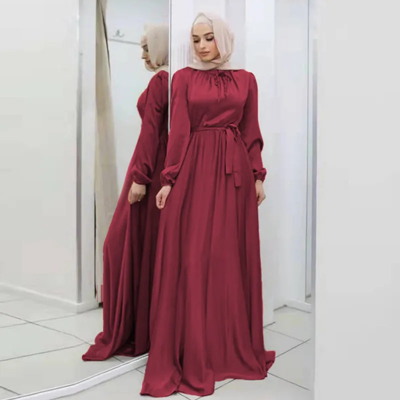 Muslim Abayas For Women 2023 Satin Long Dress Ramadan Belted Dubai Turkey Arabic African Maxi Dresses Islam Clothing Robes Black