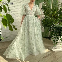booma embroidery lace maxi prom dresses v neck half puff sleeves a line wedding party dresses bow ties formal evening gowns