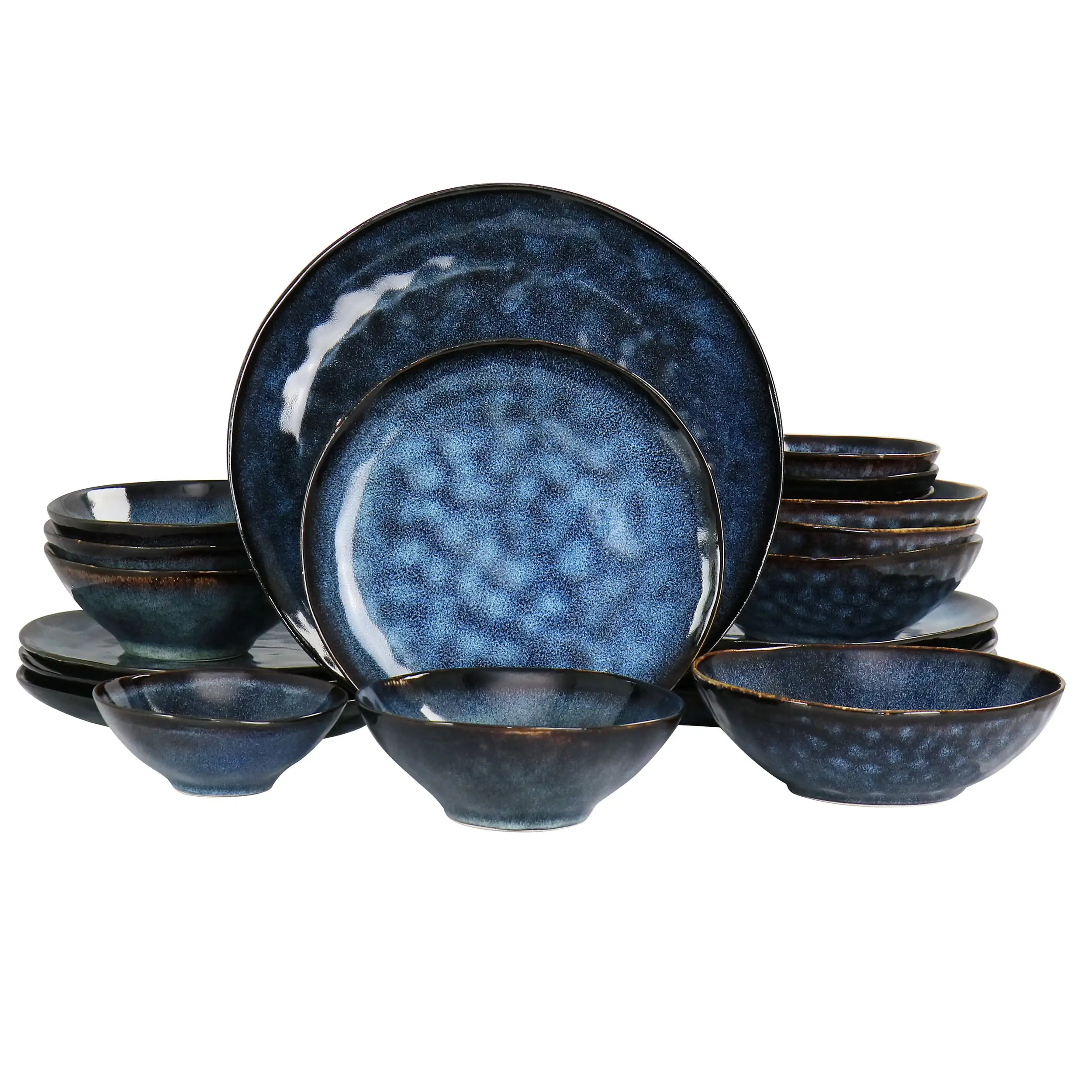 20 Pieces Round Stoneware Triple Bowl Dinnerware Set in Blue