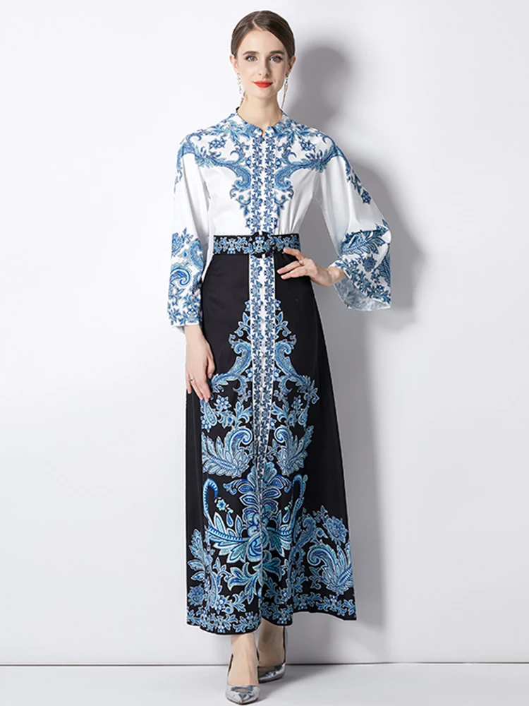 

Merchall Designer Runway Long Dress Autumn Spring Women's Flare Sleeve Sicily Blue Flowers Print High Street Belt Party Vestidos