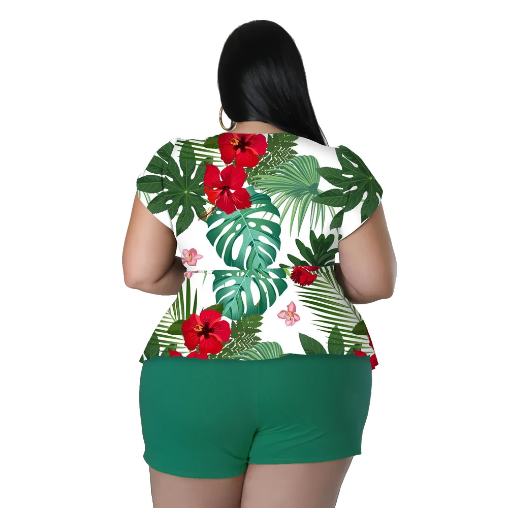 Plus Size Summer Big Size Ladies Casual Printing Two-piece Set Bohemia Style Short Sleeves t Shirt and Shorts 3xl 4xl 5xl 6xl