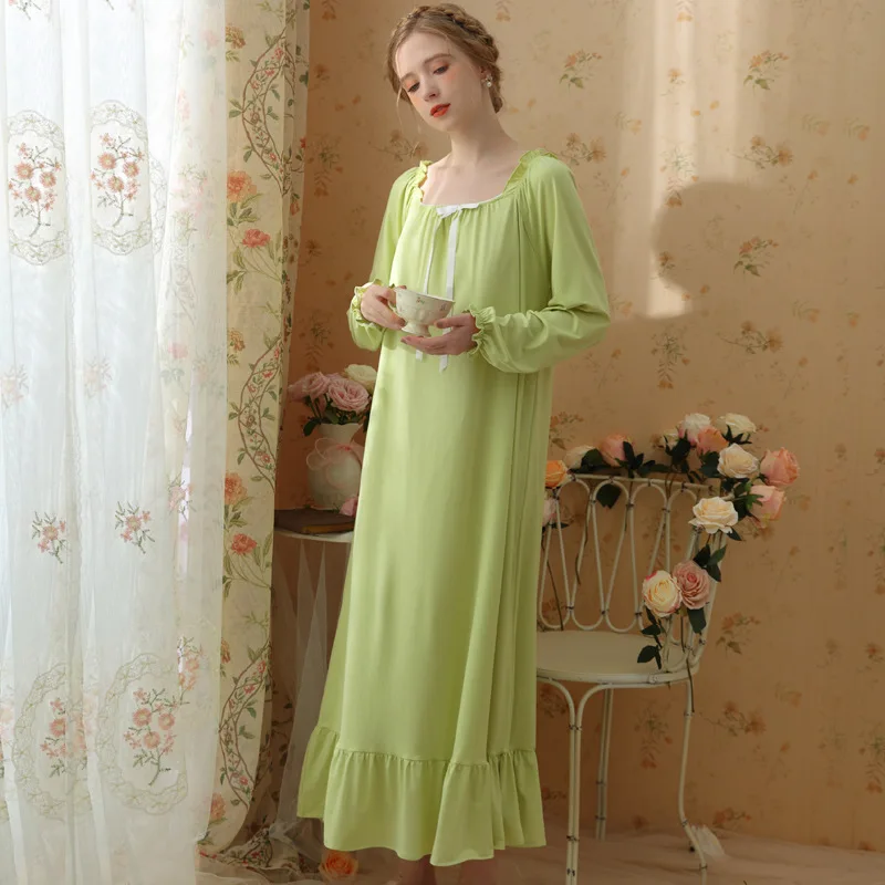 Roseheart Women Homewear White Green Sexy Sleepwear Nightdress O Neck Bow Nightwear Long Luxury Female Court Gown Nightgown