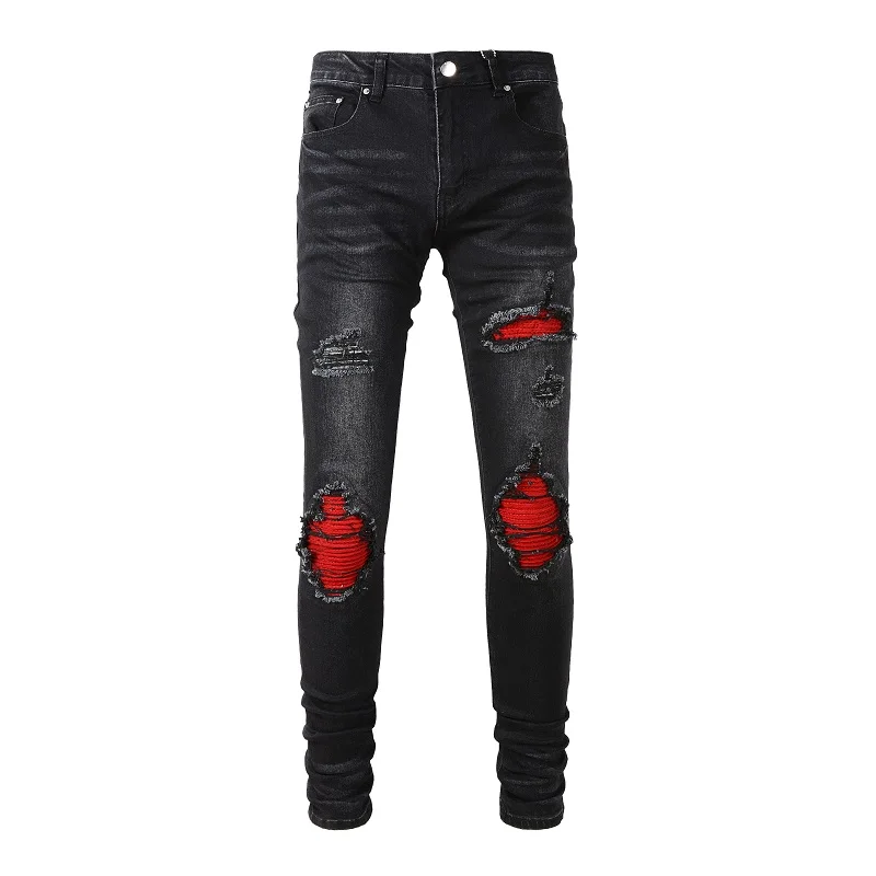 

2022 New Arrival Men's Aged Black Streetwear Distressed Skinny Stretch Destroyed Holes Red Bandana Ribs Patches Ripped Jeans