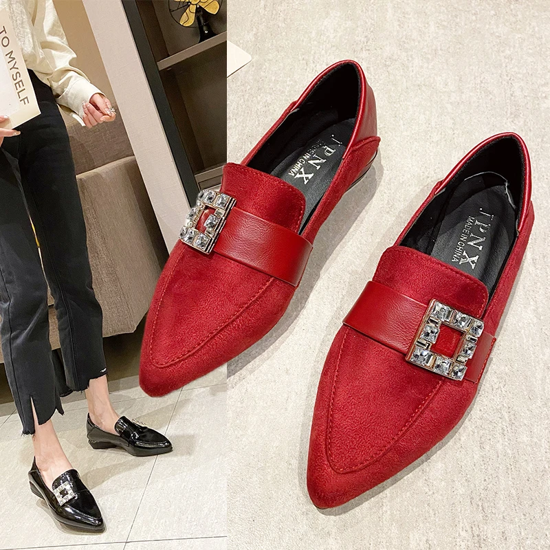 

Red Black Flats Shoes Women 2022 Pointed Toe Shallow Single Shoes Fashion Women Loafers Slip on Shoes for Women
