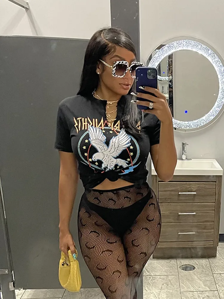 

WLWXR Summer Loose Graphic T Shirts Women V Neck Short Sleeve Print Tees Tops Women 2022 Black Streetwear Fashion Tops