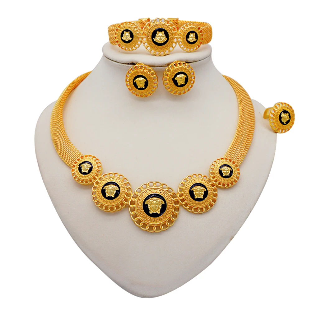 

Fashion Dubai Jewelry Set For Women Nigerian African Necklace Earrings Bracelet Ring Jewellery Set Party Wedding Gifts