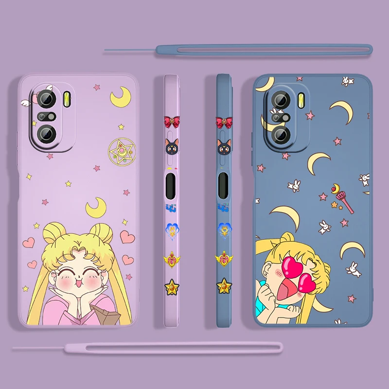 

Anime Sailor Moon Girl For Xiaomi Redmi K50 K40 Gaming K30 10X 9 9A 9T 8 8A Pro 5G Silicone Liquid Left Rope Phone Case Fundas