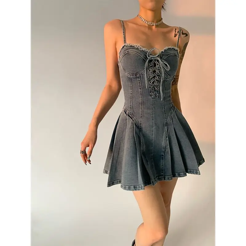 

HOUZHOU Sexy Gyaru Slip Denim Dress Women Mini Y2k Streetwear Vintage Corset Korean Fashion A-line Spaghetti Strap Dresses Party