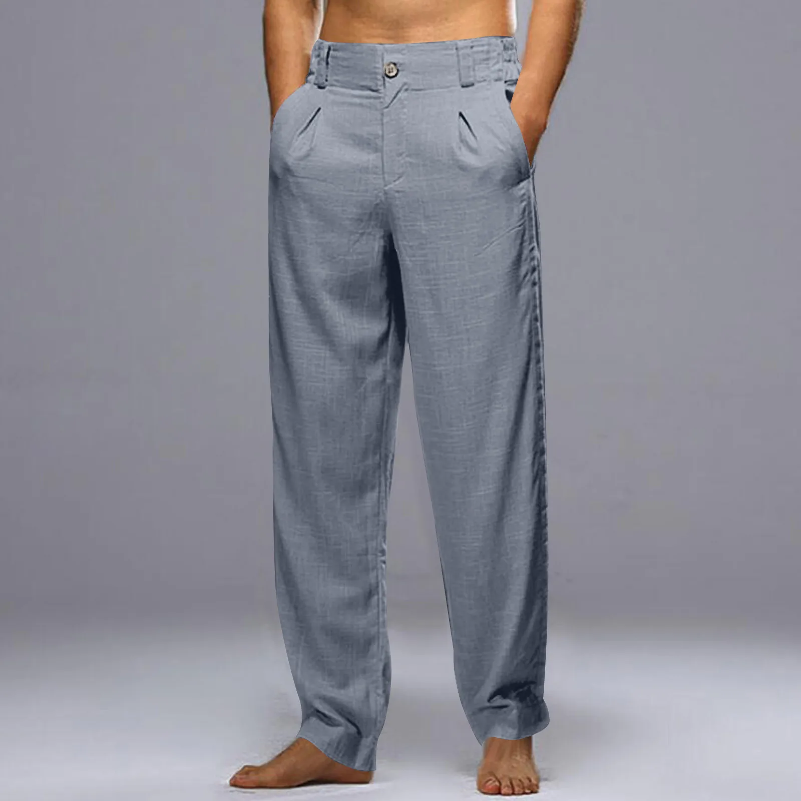 

Mens Fashion Casual Solid Color Try Breathable Linen Pocket Elastic Waist Large Size Mens Lounge Pants Elastic Docker Jeans Men
