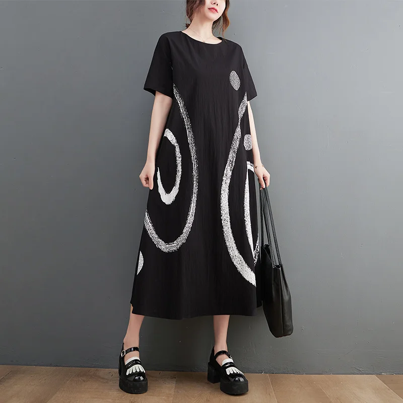 

#3499 летняя черная футболка с принтом, женское свободное платье миди с короткими рукавами, женские длинные платья-футболки с карманами и круг...