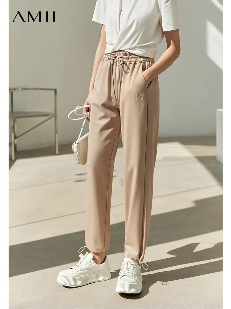 Amii Minimalist Summer Sport Pants for Women Embroidery Ankle-Length Pants Casual Loose Straight Elastic Waist Trousers 12230105