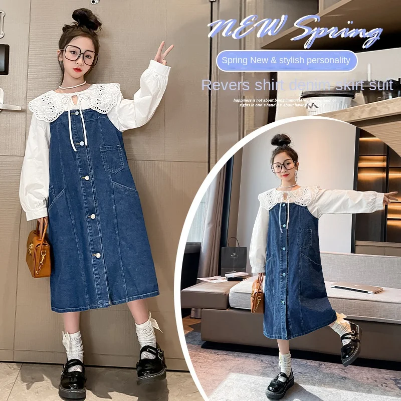 

Весеннее платье для девочек, костюм, новинка 2023, детское платье с запахом, джинсовая юбка с поясом для девочек, комплект из двух предметов