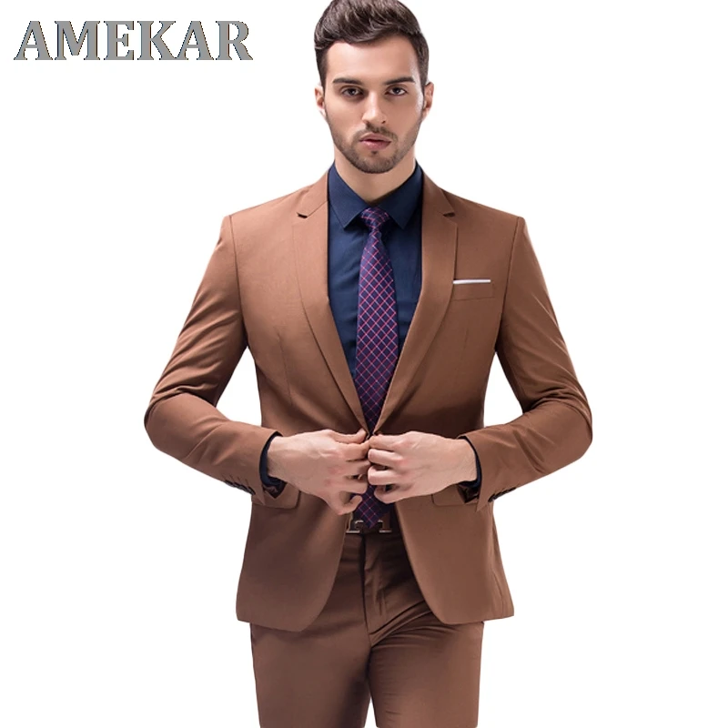 

Jacket+Pants Brown Green Burgundy Black Pink Suits Men Brand Slim Fit Groom Wedding Suit Korean Fashion Party Prom Wear