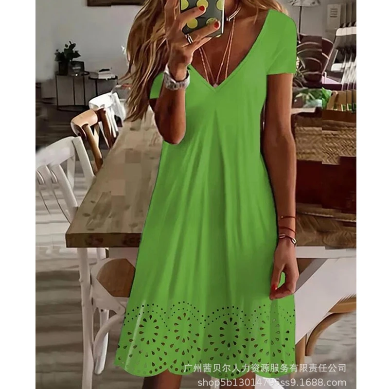 

Women's Dress Summer Fashion Loose Openwork Pullover Dress Women's Casual Short Sleeve V-neck Solid Color Mini Dress