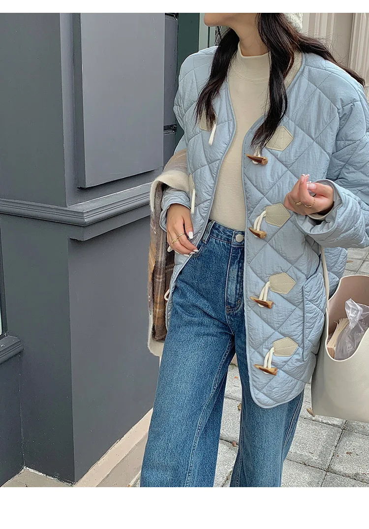 Cotton-padded Women's Winter Loose Casual Top with Horn Button Round Neck Shows Slimness and Loose Fashion Quilted Cotton Coat