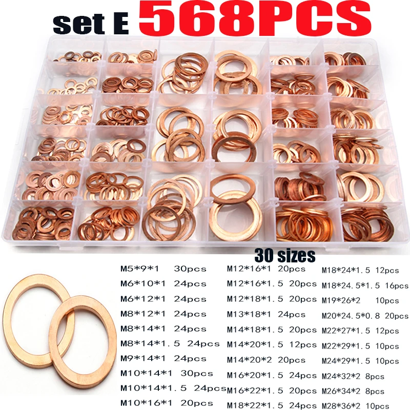 100/200/250/300/568pcs O Ring Copper Washer Gasket Set M4-M28 Flat Ring Seal For Boat Crush Flat Seal Ring Sump Plug Oil Gaskets