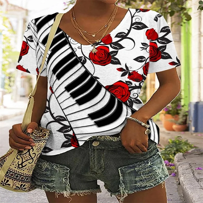 Digital piano printed women's T-shirt top short sleeve women's V-neck fashion temperament fashion floral love short sleeve