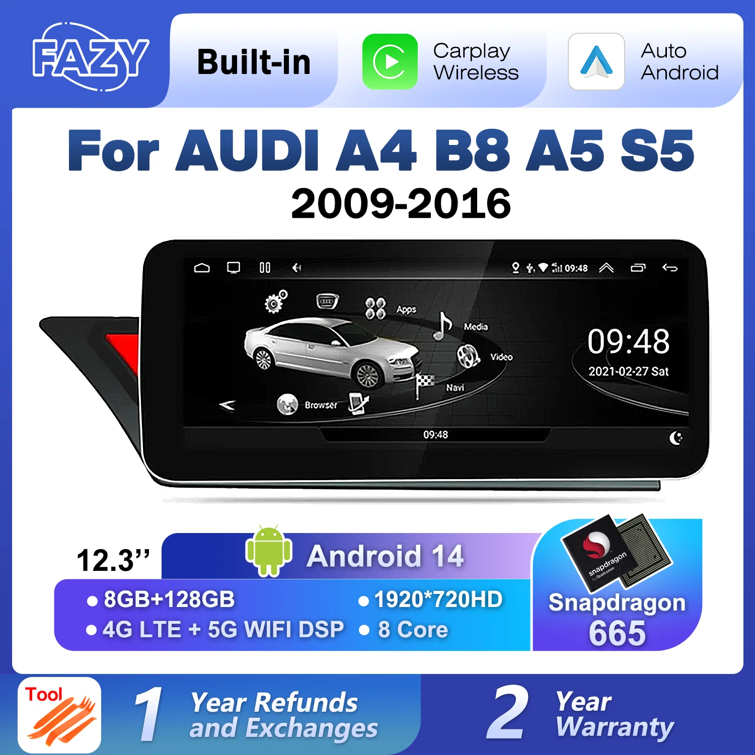 Android 14 8 + 128 Qualcomm Auto Radio CarPlay для Audi A4 B8 A5 8K 2008 ~ 2016 MMI Автомобильный мультимедийный