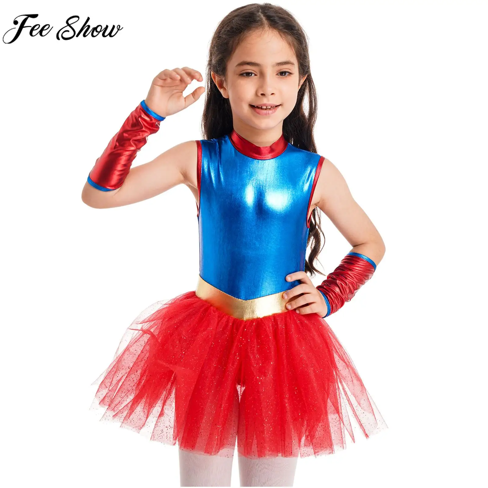 

Girls Halloween Heroine Cosplay Costume Tutu Leotard Dress with Arm Sleeves for Christmas Carnival Party Roleplay Stage Show