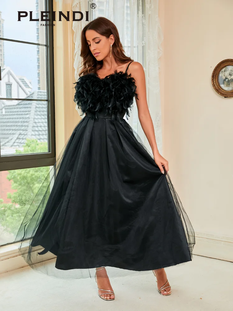 PLEINDI Elegant Evening Dresses Tulle Spaghetti Strap Feathers Backless Ankle Length 2022 New of Simple Party Women Prom Dress