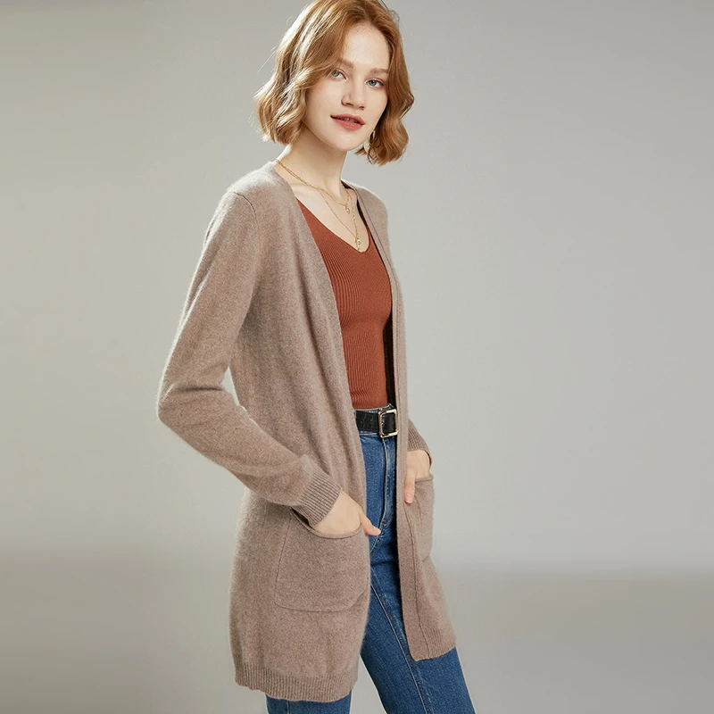 Women Jackets 100% Pure Cashmere Knitting Cardigans Hot Sale Vneck Long Style Sweaters Female Standard Knitwears
