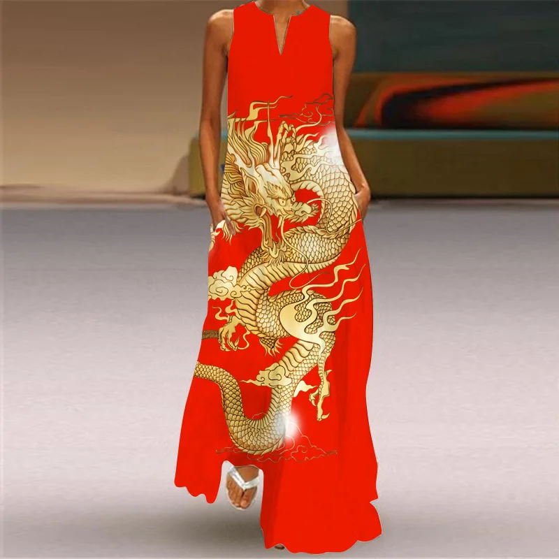 

Summer Fashion V-neck Sleeveless Boho Long Dress Women Elegant 3D Printing A-line Slim Party Dress Ladies Casual Pocket Vestidos