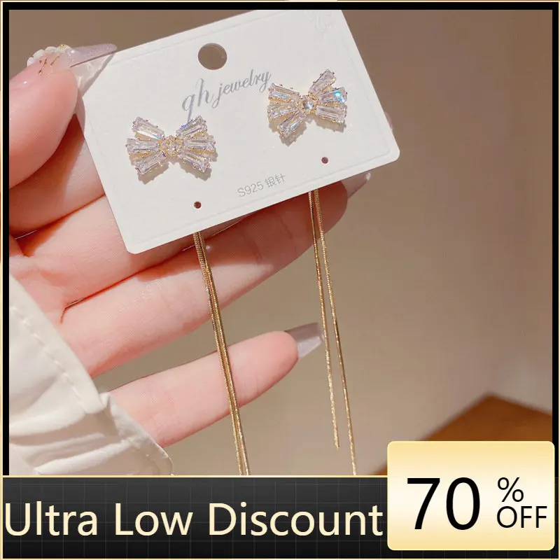 

Rhinestone Bow Stud Earrings Women's Long Tassel Korean Fashion Long Earrings Simple Trend Party Jewelry