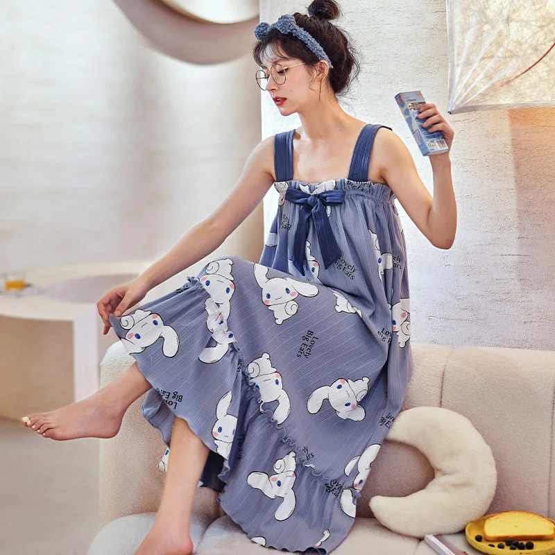 Women Cotton Sleepwear Casual Soft Love Heart Print Sleep Sleeveless Dress Pajamas