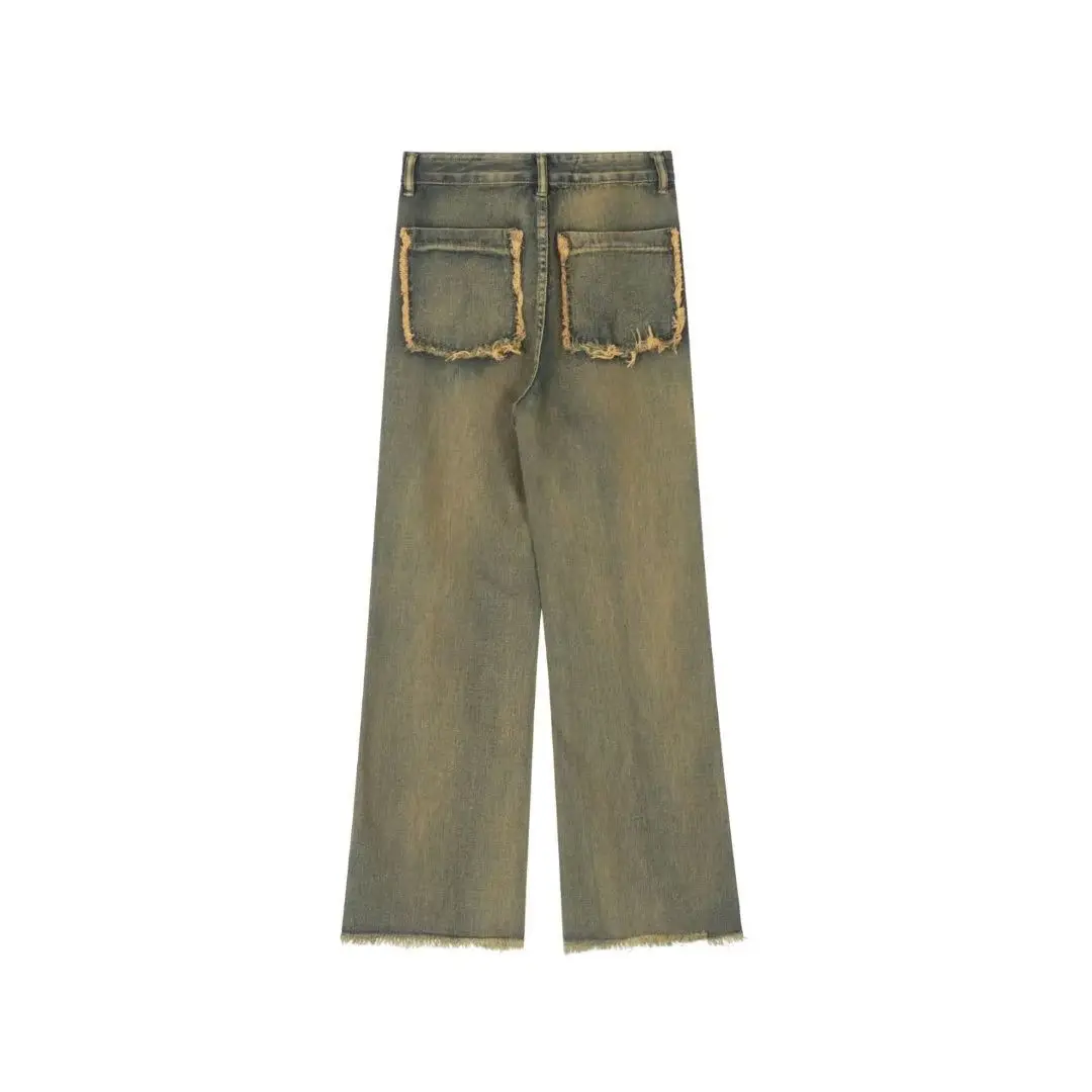 Spring and Autumn Fleece High Waist Jeans Women's Straight Loose Large Pockets Made of Old Floor Pants Wide Leg Pants Versatile