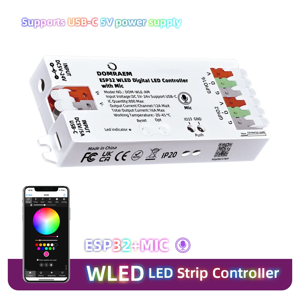 Фото Контроллер светодиодных лент DOMRAEM WLED ESP32 с музыкальным микрофоном USB-C 5 В Plug Play 2 выхода 16 А Макс. домашний помощник WS2811 WS2812B SK6812 №1