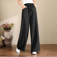 new arrival summer arts style women all matched ankle length pants casual loose elastic waist cotton linen wide leg pants 2022