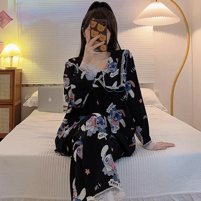 Новинка Осенняя Хлопковая пижама Disney Stitch Женская милая стильная Домашняя одежда