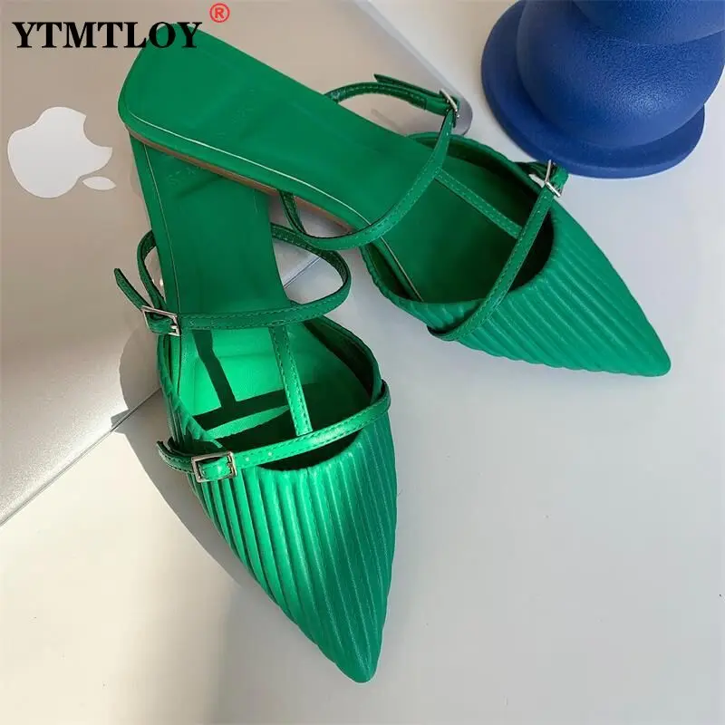 

Summer Elegant Size 43 Women Pink Closed Toe Slippers Green White Slides Bling Slp on Mules Ladies Prom Shoes Sandals Flat