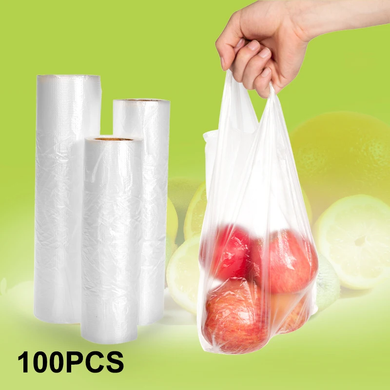 

100 шт., прозрачные пластиковые пакеты для сохранения свежести в рулонах, контейнер для еды вакуумные пакеты для хранения продуктов, 3 размера...