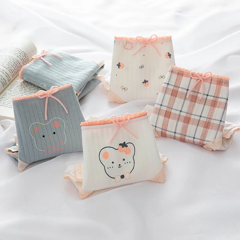 Cotton Panties Striped Lace Women Girl Fashion Cats Print Bow Cute Briefs Breathable Underwear Lingeries NK5