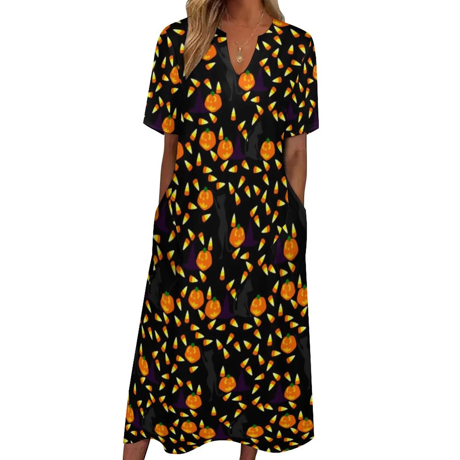 

Halloween Candy Dress Novelty Print Cute Maxi Dress V Neck Pattern Boho Beach Long Dresses Street Style Oversize Vestido