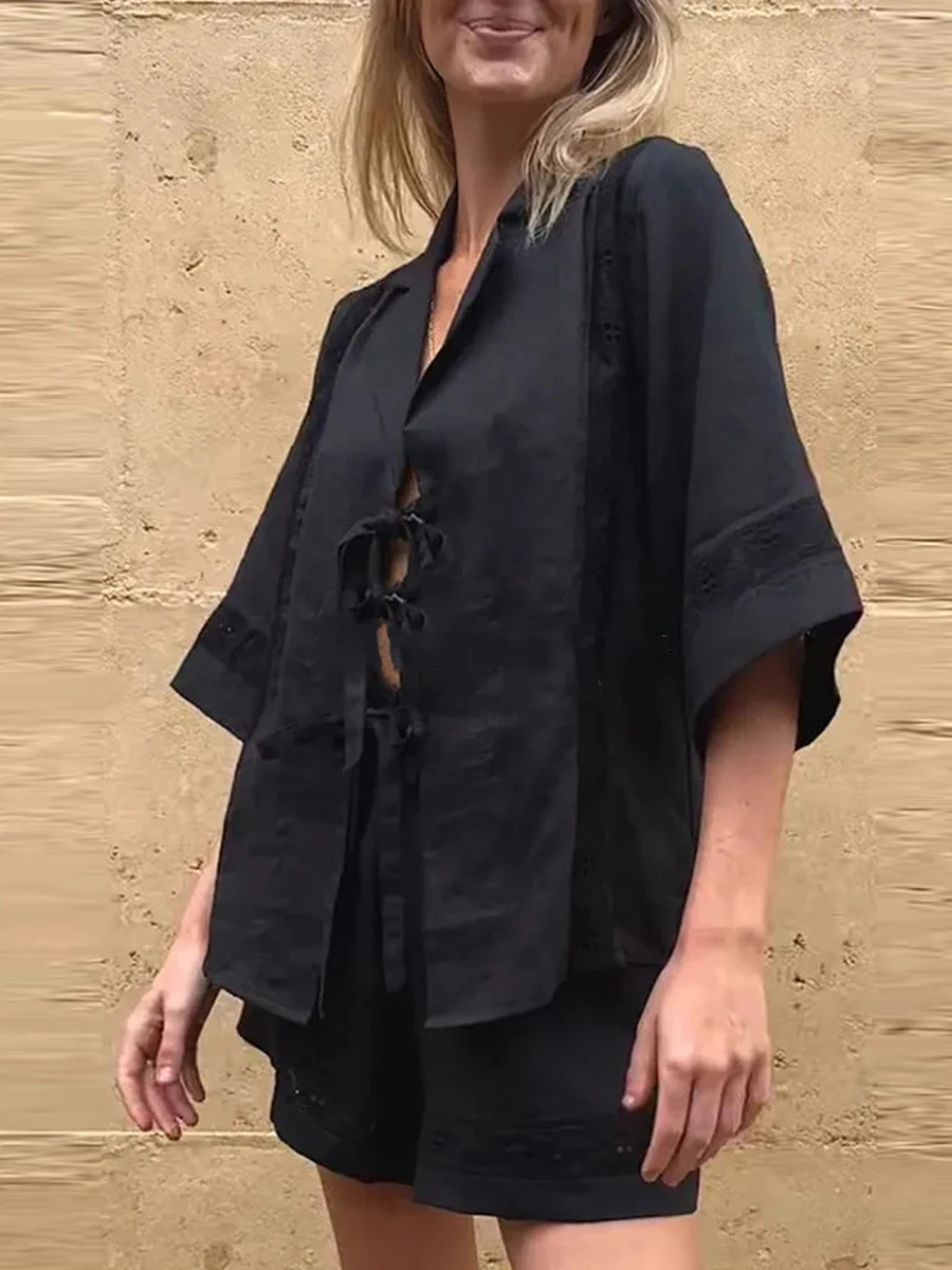 Женская повседневная рубашка из 2 предметов с рукавами 3 4 завязками спереди и