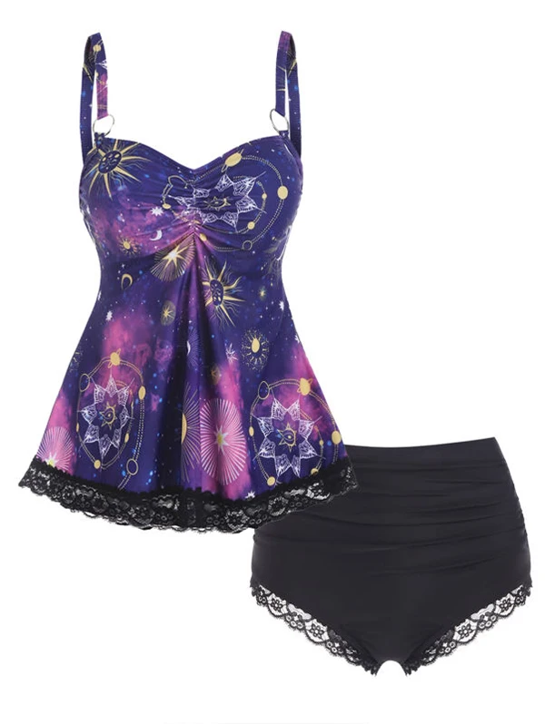

Женский купальный костюм из двух предметов, кружевной топ с подкладом, купальный костюм с принтом Солнца и Луны, танкини, комплект бикини