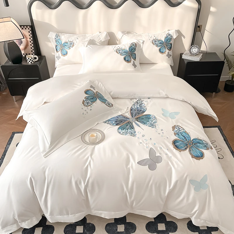 

White 1000TC Egyptian Cotton Blue Butterfly Embroidery Luxury Bedding Set Queen King Duvet Cover Pillowcases Bed Sheet Set 4Pcs