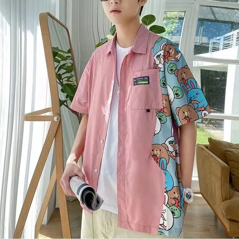 

Patchwork Vintage Shirt Streetwear Men Shirt Button Up Cartoon Print Cute Hawaiian Beach Shirt Korean Harajuku Short Sleeve Tops