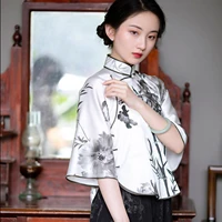 cheongsam womens plus size tops 2022 summer silk satin prints splicing cheongsam stand collar chinese qipao retro shirts woman