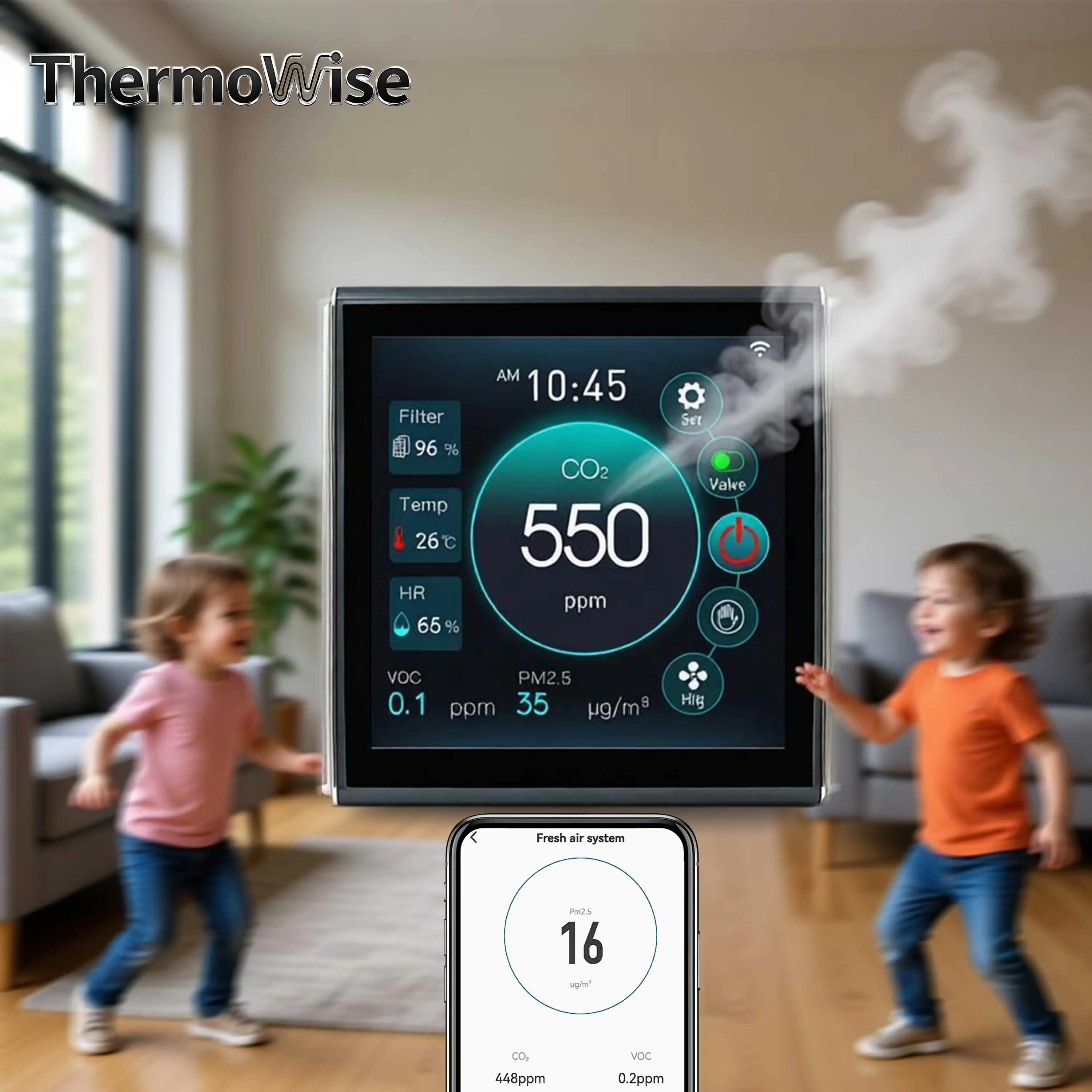 Фото Управление вентилятором ThermoWise AC/EC с Wi-Fi, цветным сенсорным экраном, регулировкой датчиков CO2/PM2.5/VOC и мониторингом температуры и влажности №3