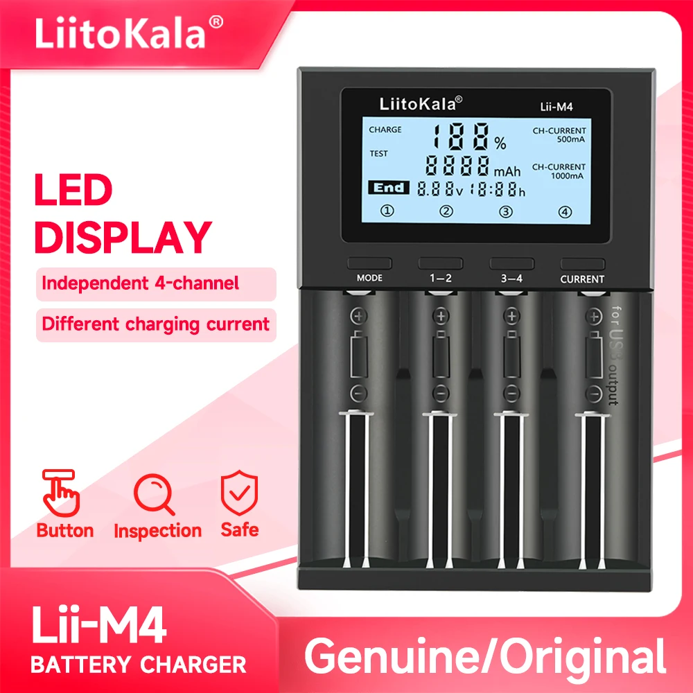 

Genuine/​Original LiitoKala Lii-M4 battery charger Input voltage: DC 5V / 2A 18650,21700,26650,18350, 20650,14500, AA, AAA