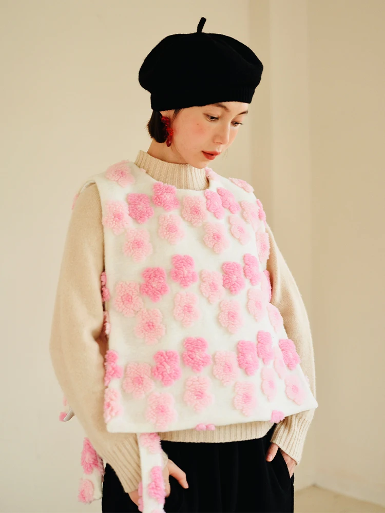 Double 12 on new imakokoni original design Lamb hair cherry blossom cotton vest sweet women's clothes Warm tops winter 223953