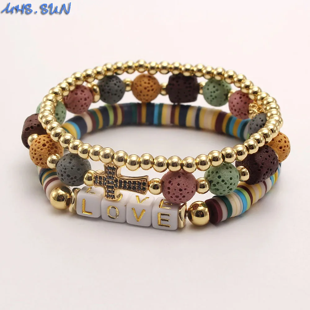 

MHS.SUN Fashion Volcanics Lave Stone Bracelets Set Vintage Bohemia Style Women Girls Elastic Love/Hope Letter Bracelet